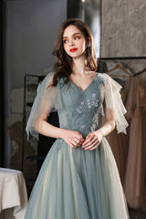 Green V-Neck Tulle Long Prom Dress, Cute A-Line Graduation Dress