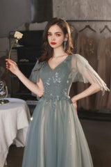 Green V-Neck Tulle Long Prom Dress, Cute A-Line Graduation Dress