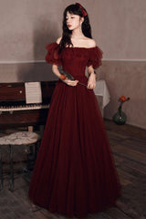 Burgundy Tulle Long Prom Dresses, A-Line Evening Dresses
