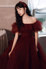 Burgundy Tulle Long Prom Dresses, A-Line Evening Dresses