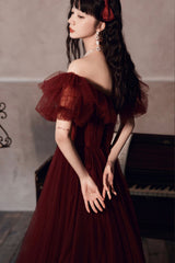 Burgundy Tulle Long Prom Dresses, A-Line Evening Dresses