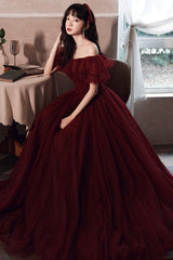 Burgundy Tulle Long Prom Dresses, A-Line Evening Dresses