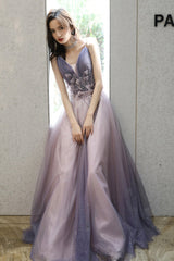 Purple V-Neck Tulle Long Prom Dresses, A-Line Evening Dresses