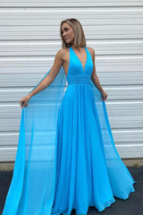 Blue Chiffon Long Prom Dresses, A-Line Evening Dresses