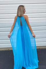 Blue Chiffon Long Prom Dresses, A-Line Evening Dresses