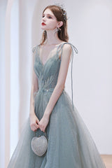 A-Line Tulle Long Prom Dress, Lovely V-Neck Formal Dress