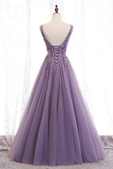 Purple V-Neck Lace Long Prom Dresses, A-Line Evening Party Dresses