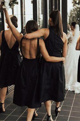 A-line Tea-Length Black Bridesmaid Dress