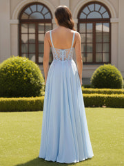 Sweetheart Neck Applique Sheer Corset Long Dress Sky Blue