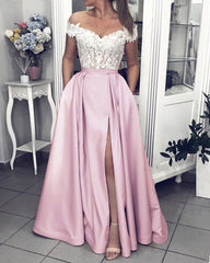 Ivory Lace Embroidery Off The Shoulder Prom Dresses Satin