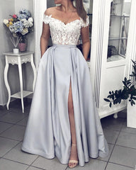 Ivory Lace Embroidery Off The Shoulder Prom Dresses Satin