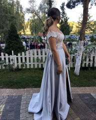 Ivory Lace Embroidery Off The Shoulder Prom Dresses Satin