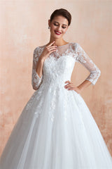 Princess 3/4 Sleeves Long A-line White Wedding Dress with Lace