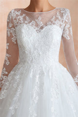 Princess 3/4 Sleeves Long A-line White Wedding Dress with Lace