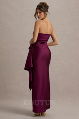 Burgundy Satin Bandeau Draped Maxi Dress