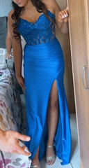 Fashion Prom Dress Blue Spaghetti Straps Slit Evening Dress Long Party Outfits Gala Gown HZ0319