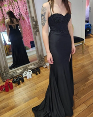 Sexy Prom Dress Black Spaghetti Straps Slit Long Gala Gown Evening Dress Party Outfits HZ0319