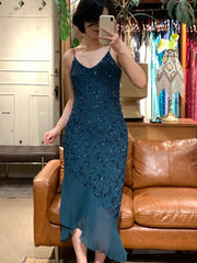 90s Retro Prom Dress Navy Blue Spaghetti Straps Beading Sheath Gala Gown Evening Dress Party Outfits HZ0319