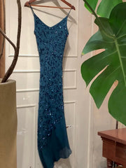 90s Retro Prom Dress Navy Blue Spaghetti Straps Beading Sheath Gala Gown Evening Dress Party Outfits HZ0319