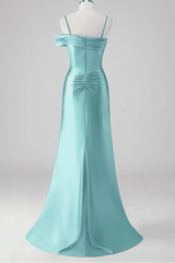 Asymmetrical Straps Mermaid Mist Pleated Prom Dress with Slit