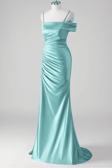 Asymmetrical Straps Mermaid Mist Pleated Prom Dress with Slit