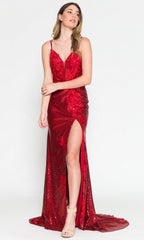 Floral-Embellished Long Sequin Prom Dress 5020