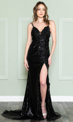Floral-Embellished Long Sequin Prom Dress 5020