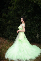 90s Retro Prom Dress Light Green Straps Pleated Tulle Gala Gown Evening Dress Party Outfits HZ0319