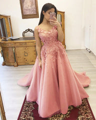 Tulle Appliques A Line Prom Dresses Open Back