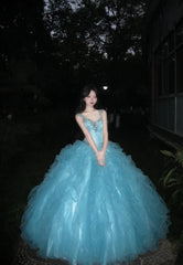 90s Retro Ball Gown Light Blue Sweetheart Ruffle Gala Gown Evening Dress Prom Dress HZ0319