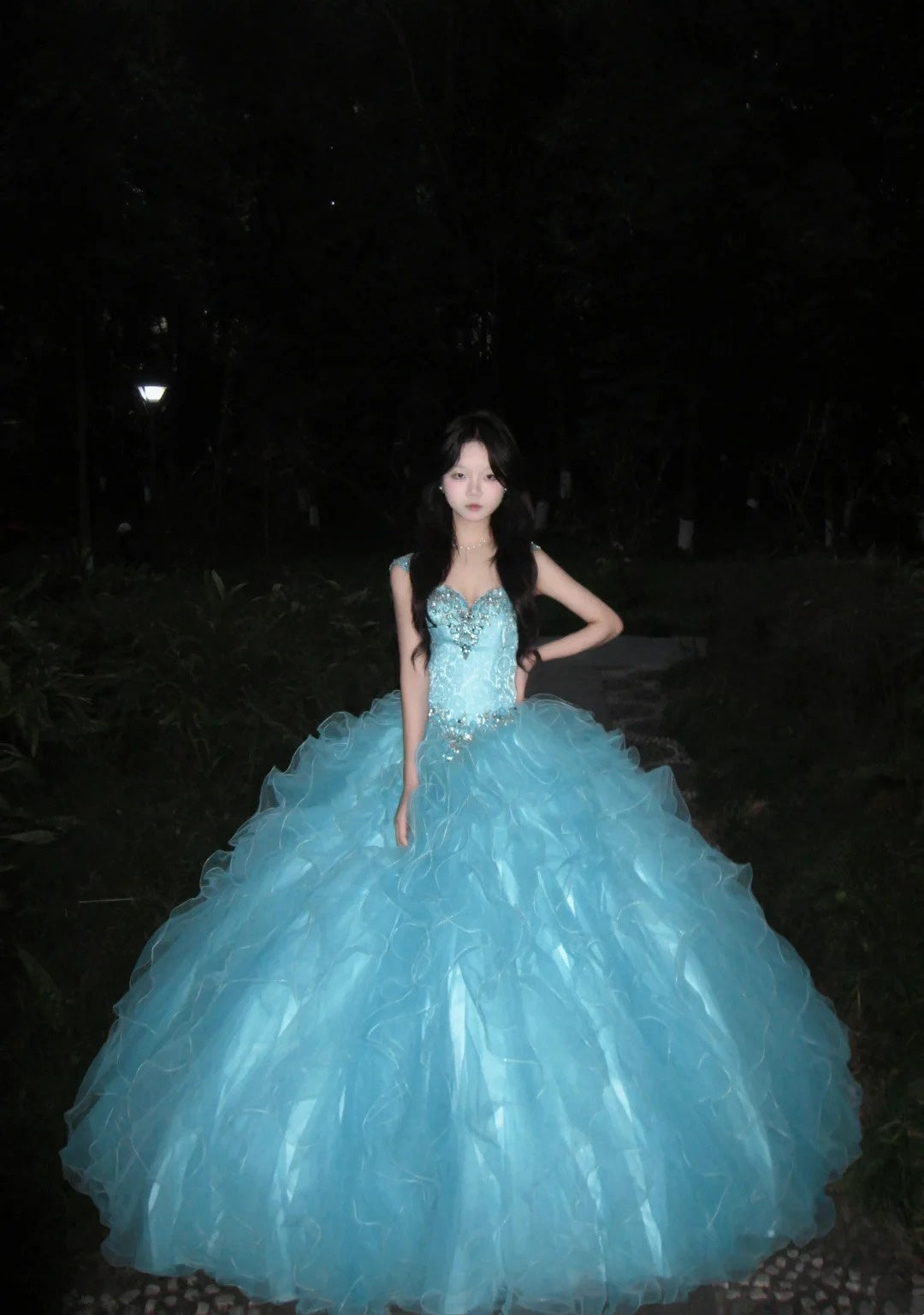 90s Retro Ball Gown Light Blue Sweetheart Ruffle Gala Gown Evening Dress Prom Dress HZ0319
