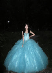 90s Retro Ball Gown Light Blue Sweetheart Ruffle Gala Gown Evening Dress Prom Dress HZ0319