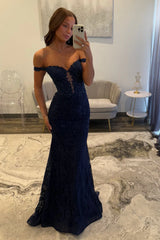 Sexy Navy Blue Mermaid Lace Appliques Prom Dresses Long for Women Prom Dress DP277