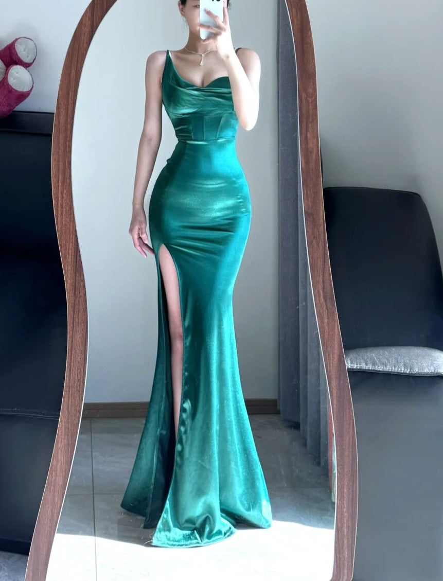 Elegant Prom Dress Spaghetti Straps Sheath Slit Mermaid Gala Gown Evening Dress Party Outfits HZ0319