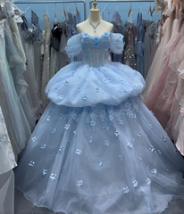 Charming Ball Gown Light Blue Off Shoulder Floral Evening Gala Gown Prom Dresses Quinceanera Dress HZ0319