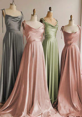 A-line Sleeveless Cowl Neck Long/Floor-Length Charmeuse Prom Dress With Pleated Split