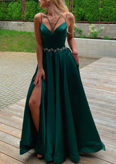 A-line V Neck Sleeveless Satin Sweep Train Prom Dress With Pockets Waistband Split