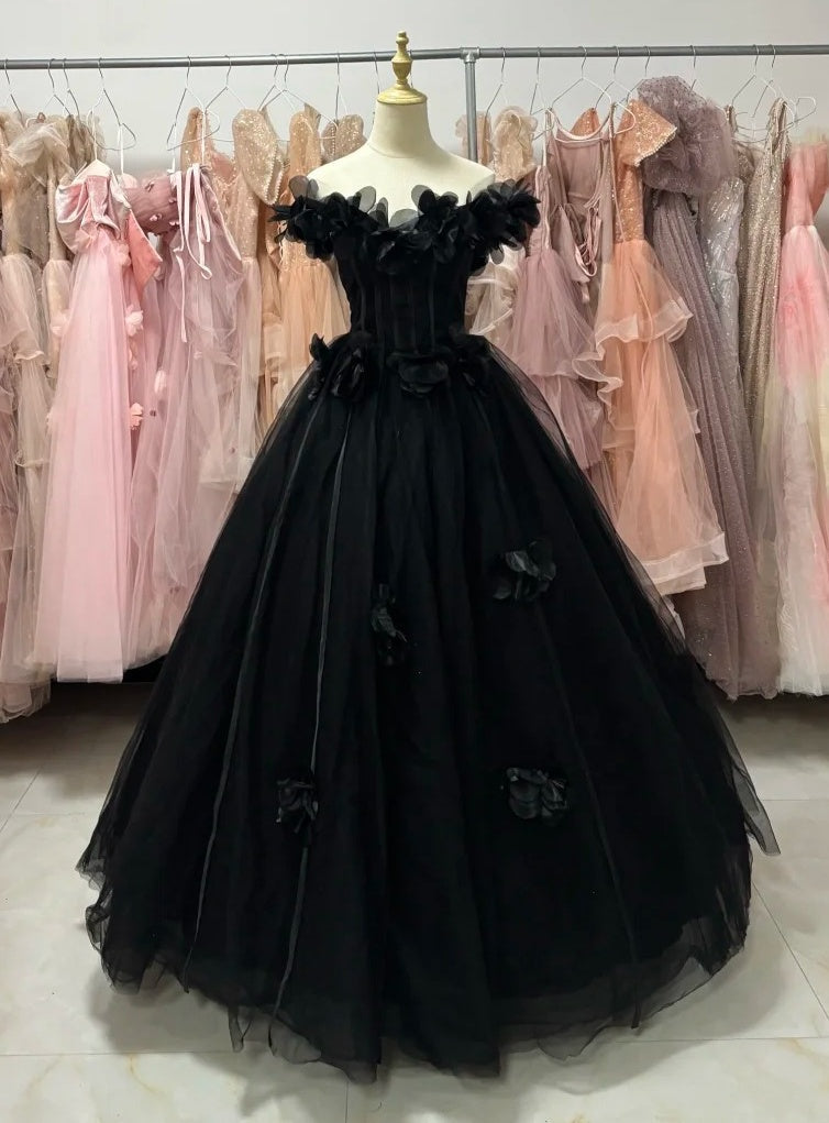 New Arrival Ball Gown Black Off Shoulder Tulle Quinceanera Dress Evening Dress Gala Prom Gown HZ0319