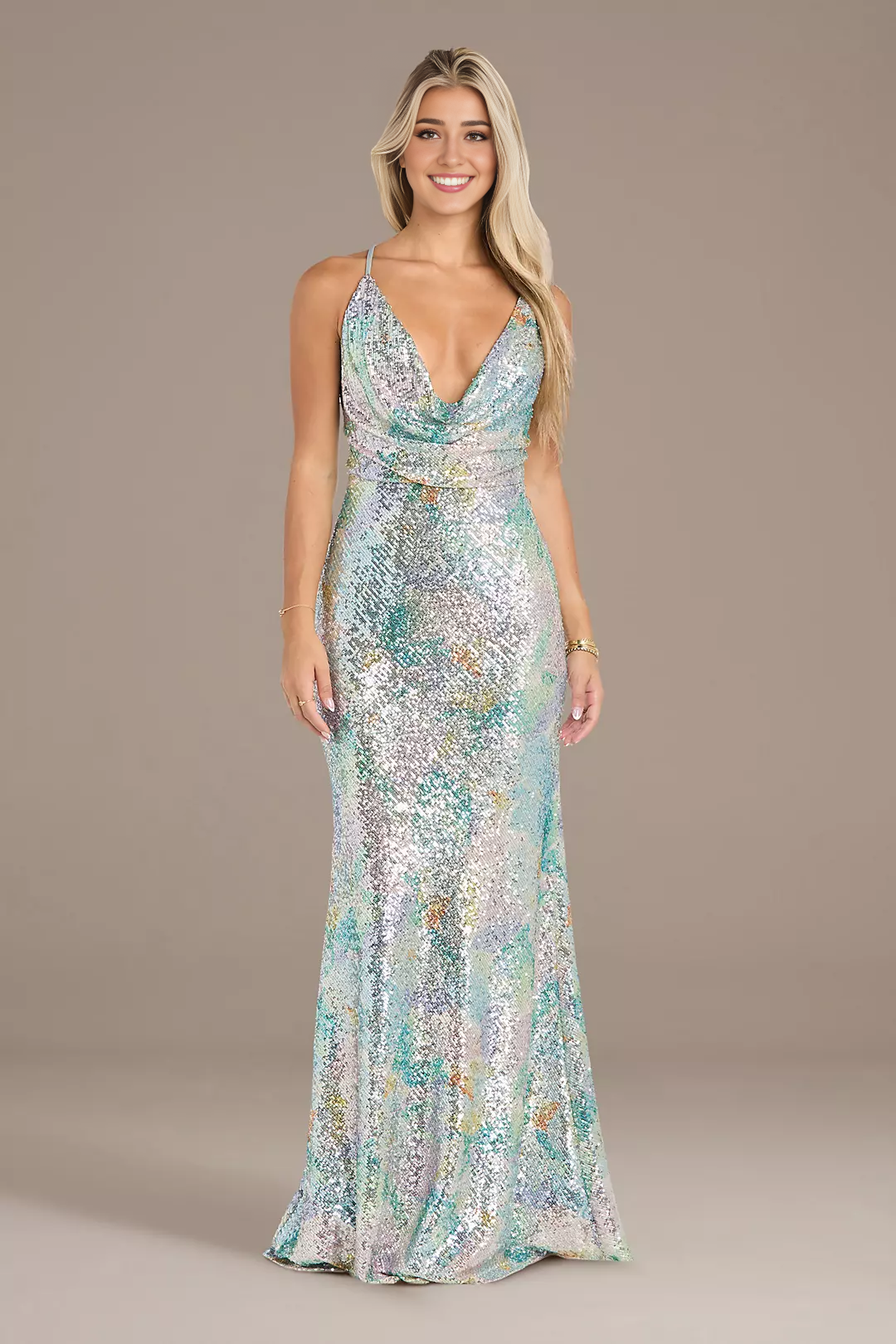 Sequin Cowl Neck Watercolor Sheath Dress