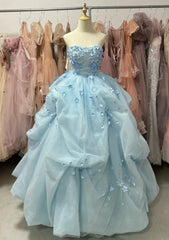 90s Ball Gown Light Blue Sweetheart Pleated Floral Quinceanera Dress Evening Dress Gala Prom Gown HZ0319