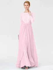 A-Line Ball Gown Scoop Neck Floor Length Chiffon Lace Mother of the Bride Dress with Sash