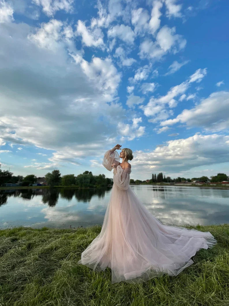 Soft pink event dress Puffy tulle dress puff sleeves Wedding DressProm Dress Pink dress for photo corset dress