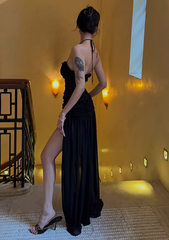 Sexy Prom Dress Black Halter Pleated Tulle Gala Gown Evening Dress Birthday Party Outfits HZ0319