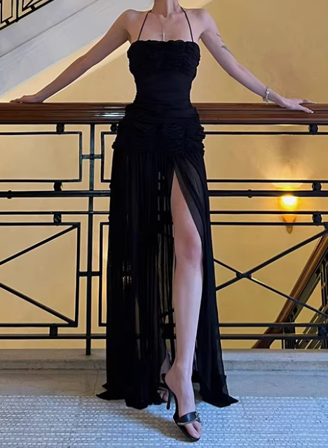 Sexy Prom Dress Black Halter Pleated Tulle Gala Gown Evening Dress Birthday Party Outfits HZ0319