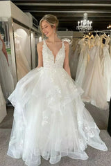 A Line Beach Tiered Ruffles Wedding Dress Lace Appliques V Neck Tulle