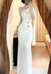 Elegant Prom Dress White One Shoulder Formal Gown Evening Dress Graduation Dress HZ0319