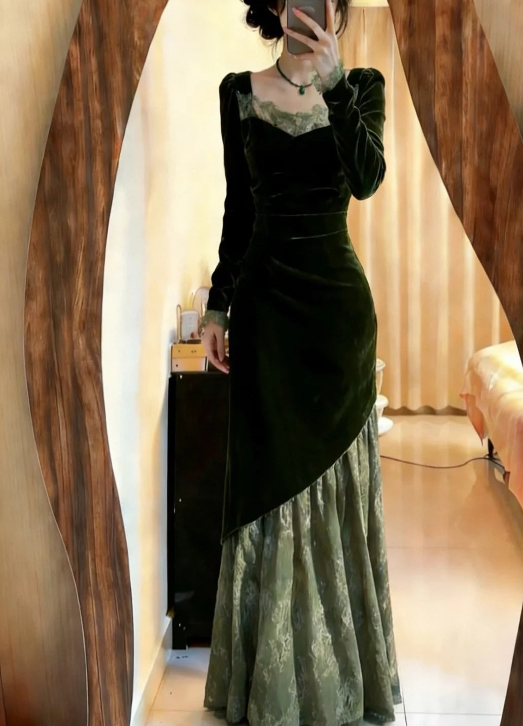 90s Prom Dress Dark Green Velvet Pleated Mermaid Formal Gala Gown Evening Dress Birthday Party Dress HZ0319
