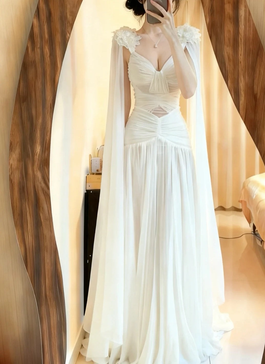 Charming Prom Dress White V-neck Pleated Formal Gala Gown Evening Dress Birthday Party Dress HZ0319