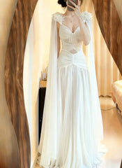 Charming Prom Dress White V-neck Pleated Formal Gala Gown Evening Dress Birthday Party Dress HZ0319