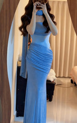 Shiny Prom Dress Blue Strapless Pleated Mermaid Formal Gala Gown Evening Dress Party Outfits HZ0319